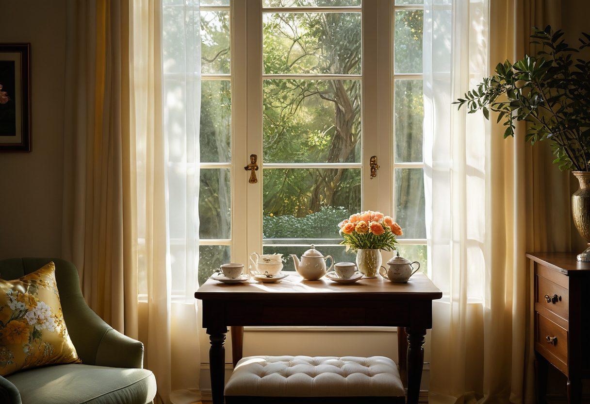 A serene and intimate setting, featuring a person gazing out a window with soft light filtering through, surrounded by beautifully framed art pieces that depict private moments. In the foreground, a delicate tea set suggests tranquility and mindfulness. The background shows hints of nature, like blooming flowers and lush greenery, representing the joy found in small details. The palette should be warm and inviting, evoking a sense of comfort and introspection. super-realistic. vibrant colors.