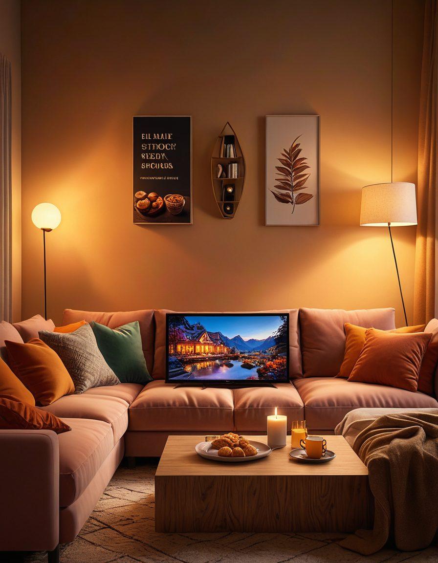 A cozy living room setting with a couple sitting together on a comfortable couch, softly illuminated by warm ambient light. The atmosphere is intimate, featuring subtle hints of adult media on a screen in the background, emphasizing their connection and shared experiences. Decorative elements like plush cushions and a small coffee table with snacks create a relaxed vibe. Include a hint of playful glow from the screen to suggest excitement. super-realistic. warm colors. soft focus.